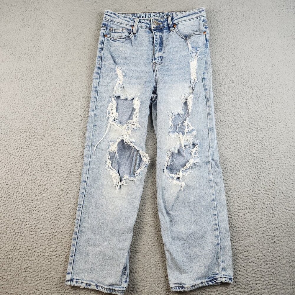 Womens 28 Blue Distressed Madden Girl Jeans Ripped Straight Leg High Rise Casual